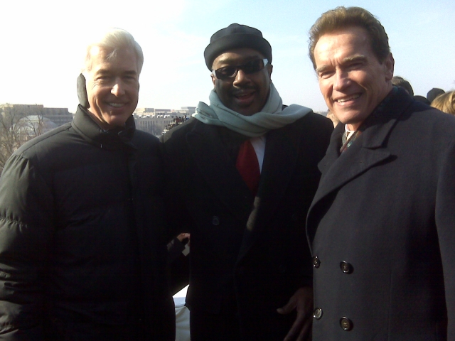 Walter Brown, Jr. with former CA Gov Gray Davis and current CA Gov Arnold Schwarzenegger at the 2008 Obama Inauguration